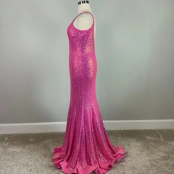 Jovani Sequined Backless Long Mermaid Evening Gown Fuchsia Pink Size 18 Dress - Picture 7 of 11